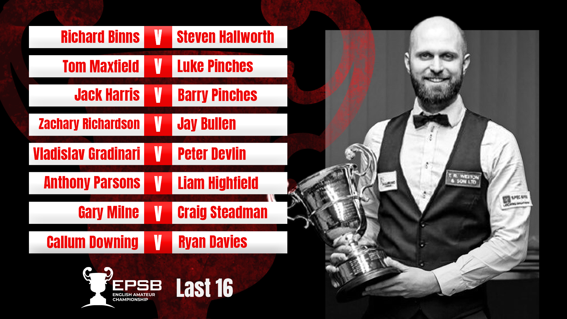 English Amateur Snooker Championship 2025 Last 16 Draw EPSB